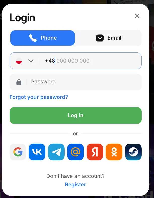 Casino login form with phone and email options