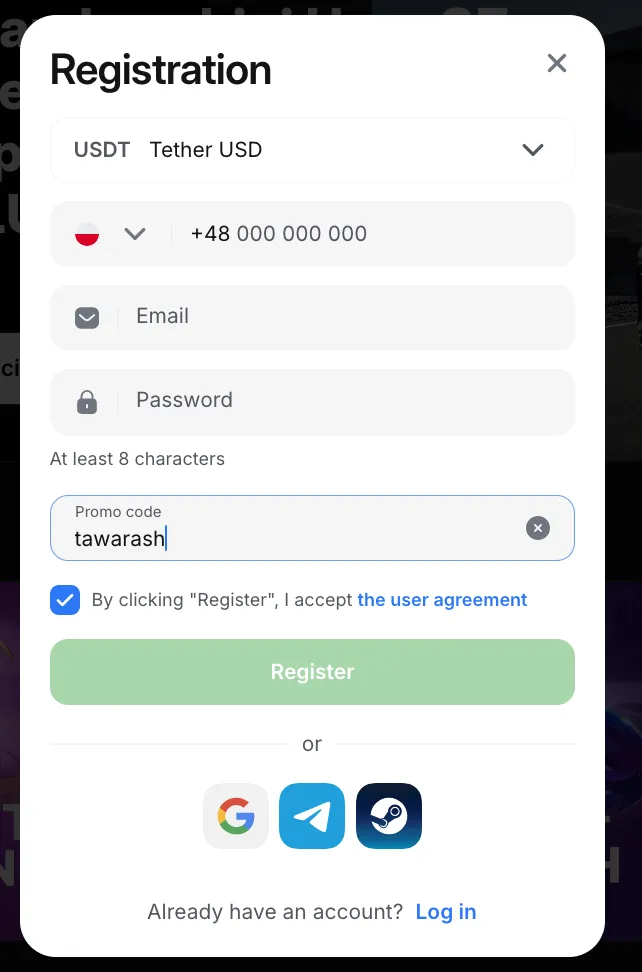 Casino registration form with promo code field filled in