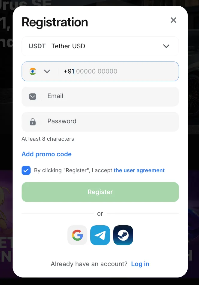 Casino registration form with email, password and promo code fields